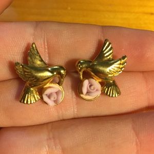 Gold bird and rose stud earrings